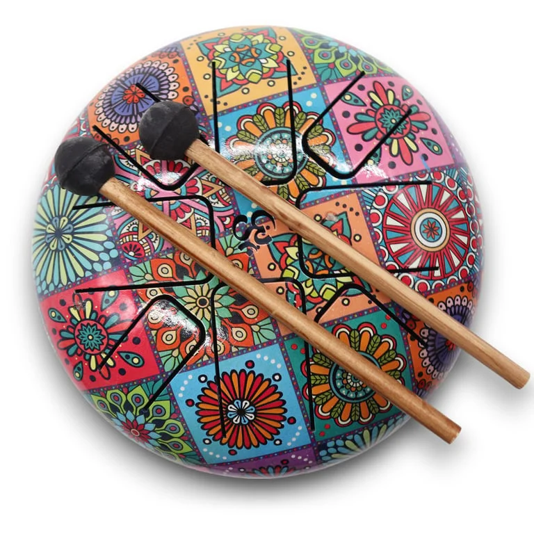 Colourful drum ornament, small multi‑coloured drum measuring 17x13 cm, decorative tabletop accessory.