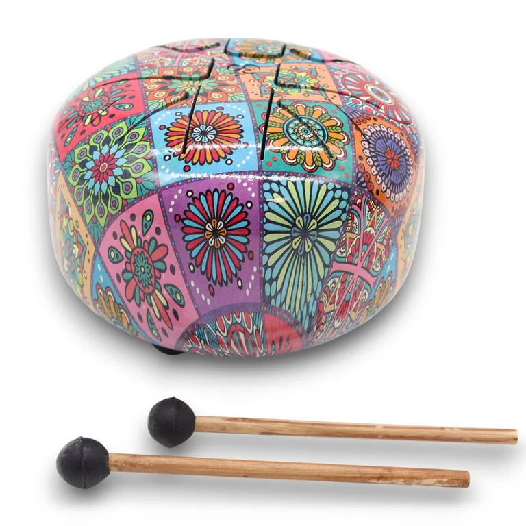 Med Hapi multi coloured drum 17x13cm, small round instrument with colourful pattern.