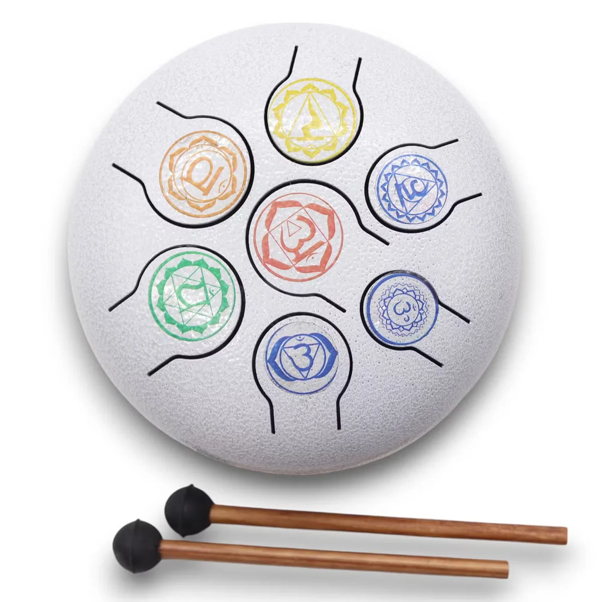 Med Hapi Drum 7 Chakra meditation musical instrument, 17x13cm, steel tongue drum with chakra symbols visible