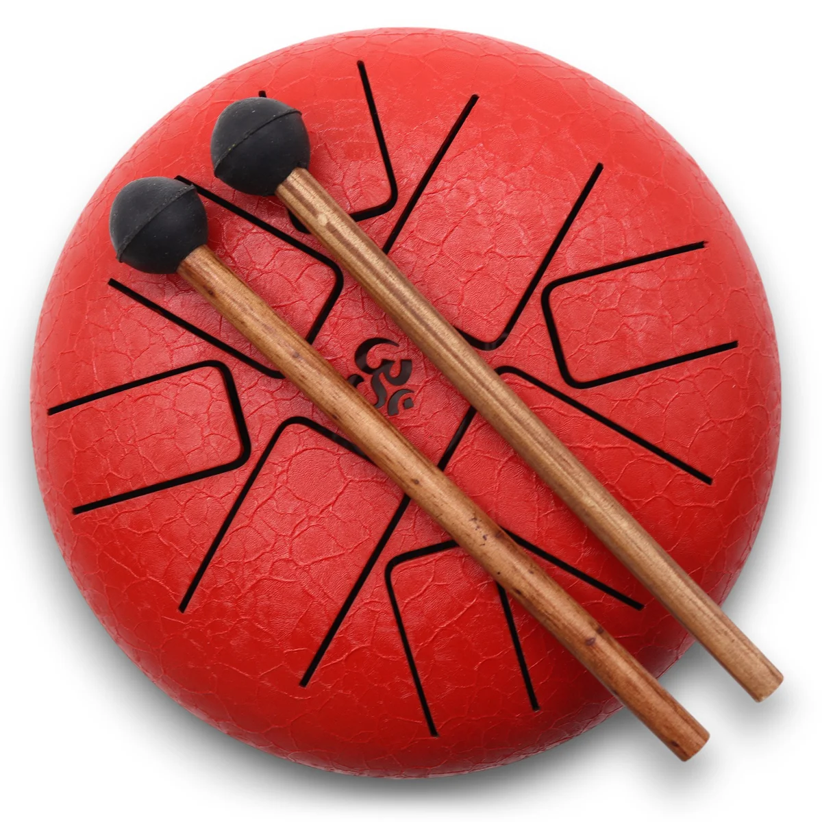 Red Med Hapi Drum Om meditation drum, 22x16cm, showing detailed design and wooden frame on white background
