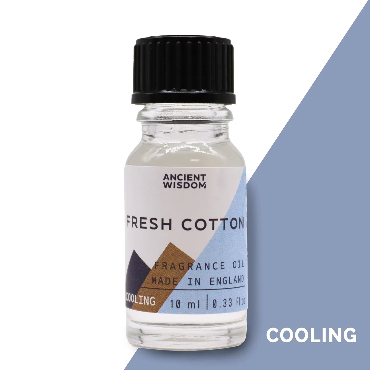 Small 10ml bottle of fresh cotton fragrance oil with clear liquid and simple white label on plain background