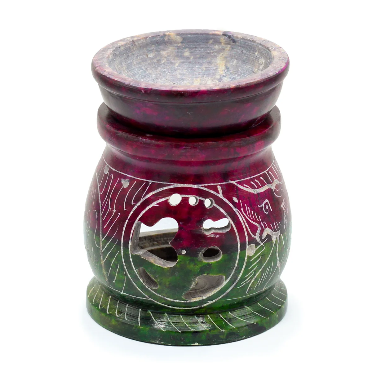 Small coloured oil burner made of soapstone, 8cm tall, featuring Om symbol and elephant design