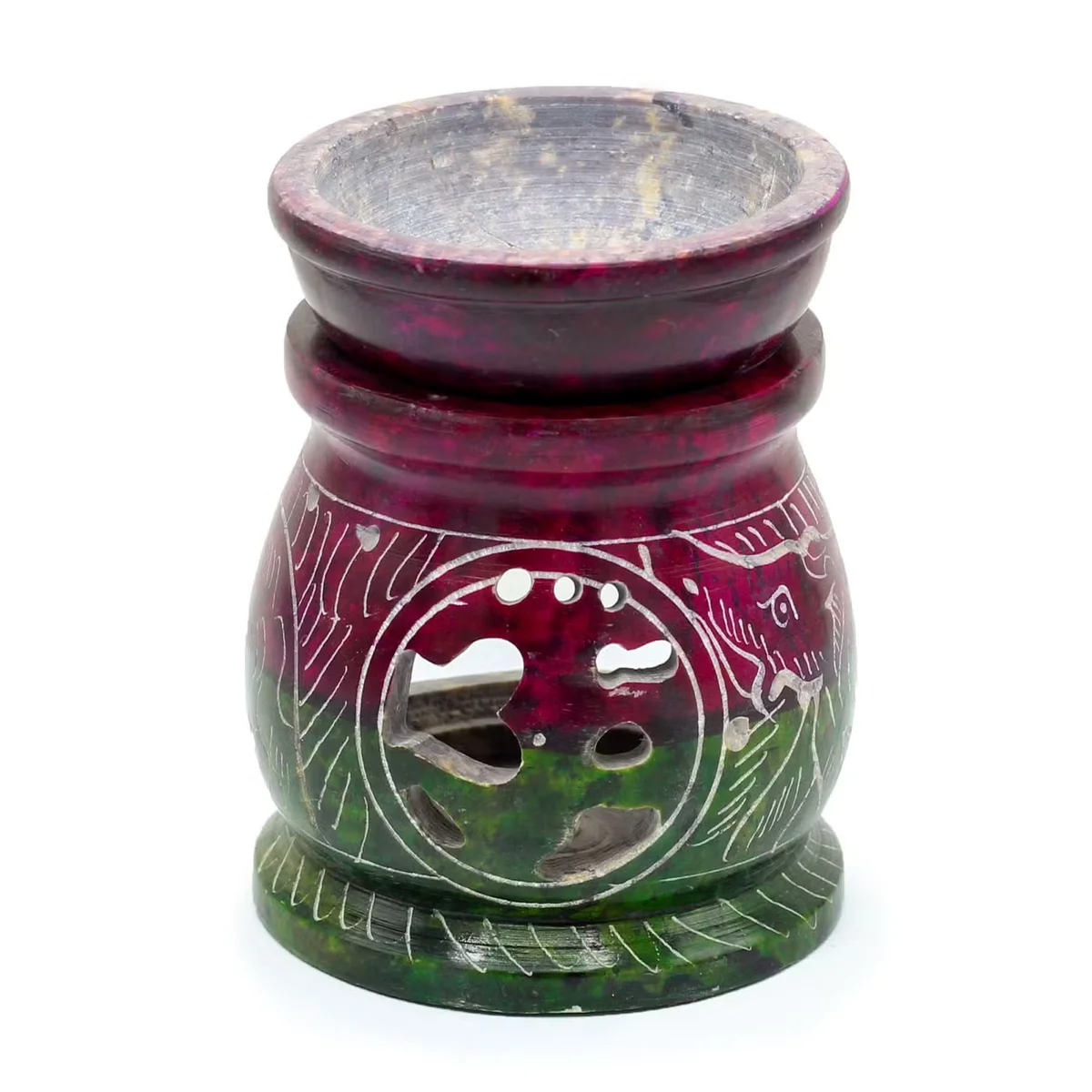 Small coloured soapstone Om elephant burner 8cm with carved elephant and Om symbol details on front side
