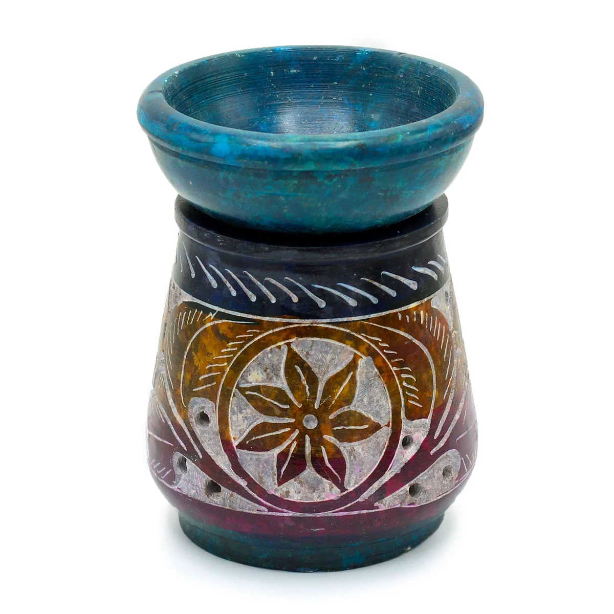 Small coloured soapstone oil burner 8cm with flower design, used for aromatherapy and essential oils.