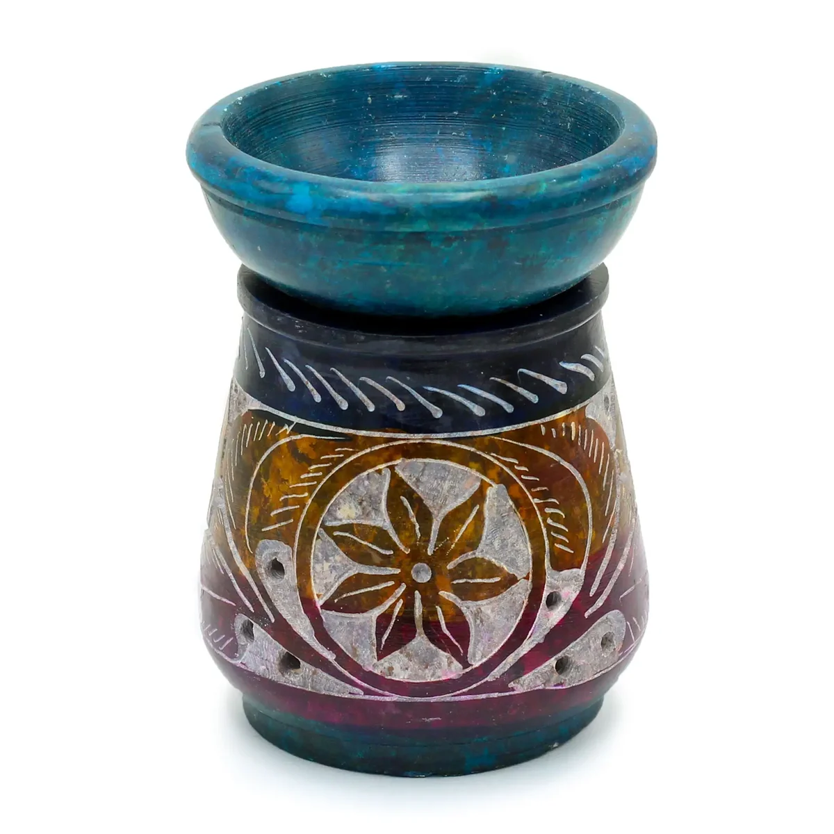 Small coloured soapstone small oil burner 8cm with carved flower design on the side