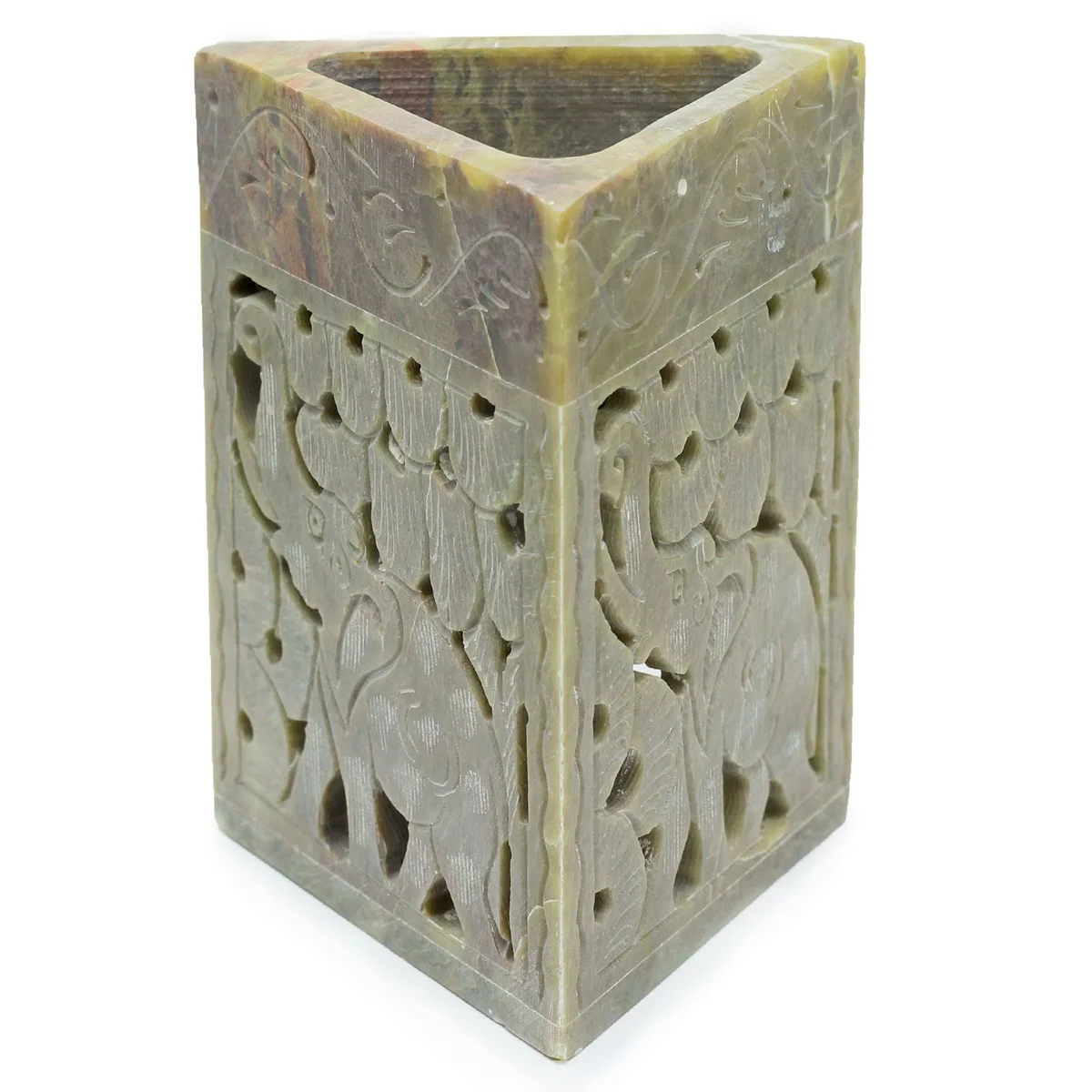 Triangle soapstone oil burner shaped like an elephant, measuring 11x9cm, with a hollow center for oil heating