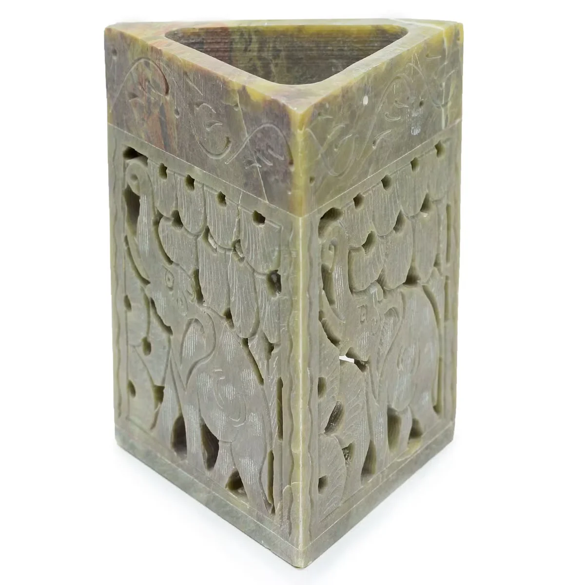 Triangle soapstone aromatherapy oil burner with carved elephant design, measuring 11x9cm, on white background