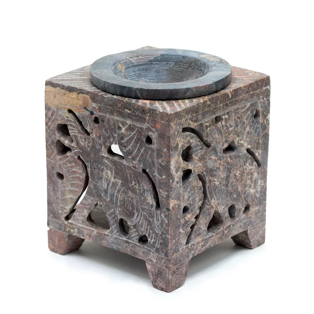Square soapstone oil burner 10x7.5cm with carved elephant design on the side, used for aromatherapy and oils