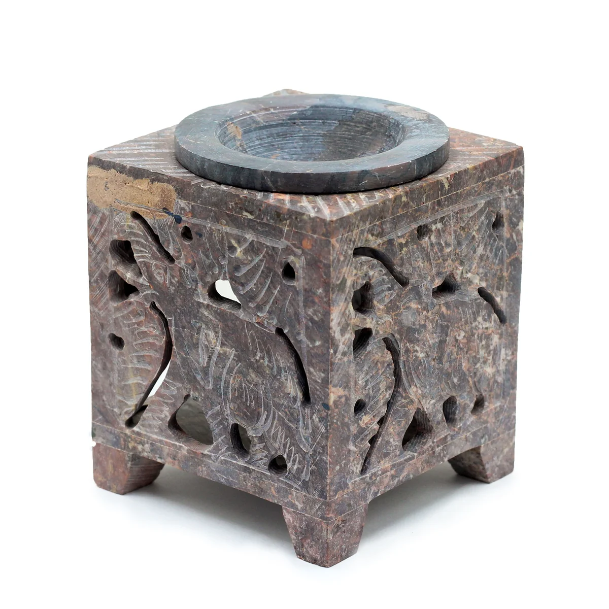 Square soapstone elephant oil burner measuring 10x7.5cm with carved elephant design on side