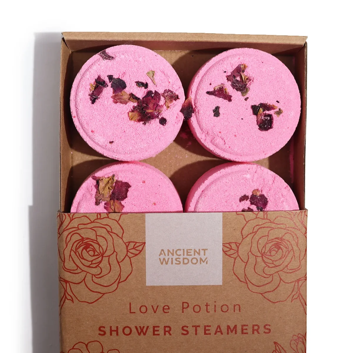 Zen Shower Steamers Therapy Love Potion wellness gift set with colorful round shower steamers arranged on white background