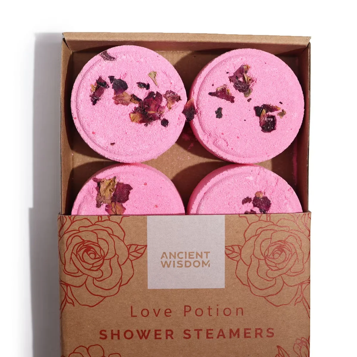 Love potion shower steamers in a therapy wellness gift set with soothing, colorful bath tablets arranged on a white background