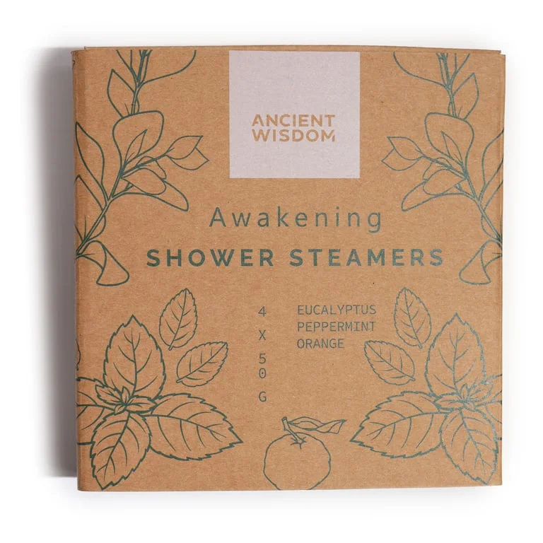 Zen Shower Steamers Therapy Wellness Gift Set Awakening with colorful round shower steamers arranged on a white surface