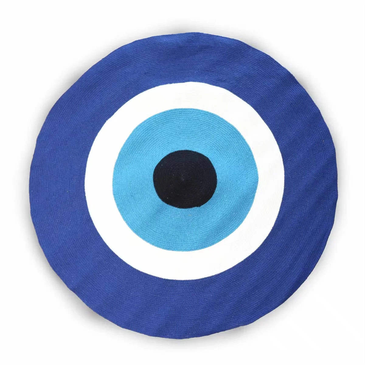 Circular cotton rope evil eye rug with blue and white pattern, a stylish wall art rug for home decor