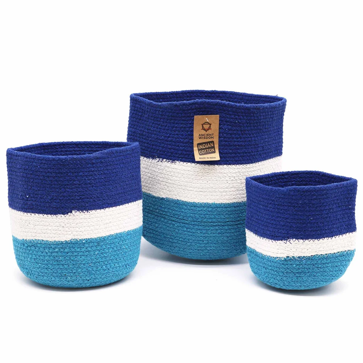 Set of 3 evil eye jute baskets in varying sizes with rope handles, natural woven texture and blue evil eye design