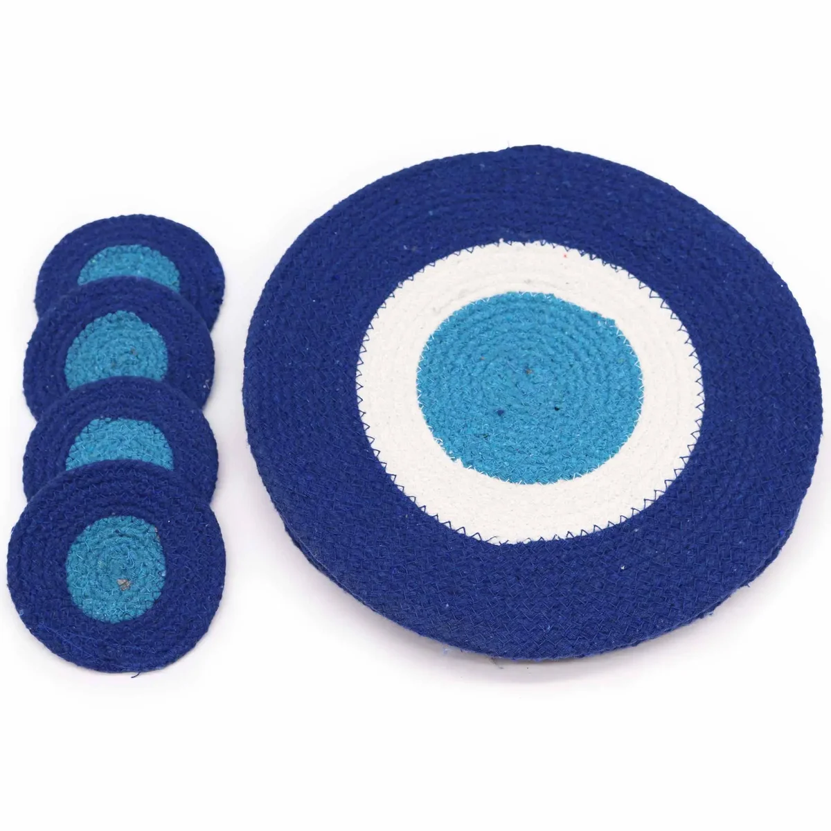 Set of four round jute rope coasters and four matching mats featuring an evil eye design on a white background