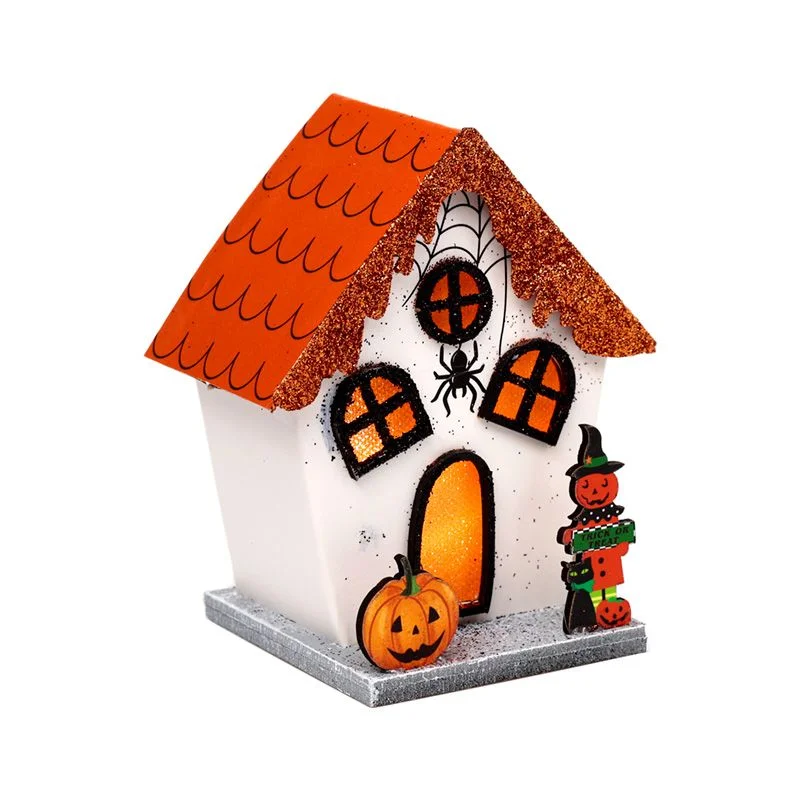 Spooky spider on an orange pumpkin house LED Halloween ornament glowing with festive lights for Halloween decor