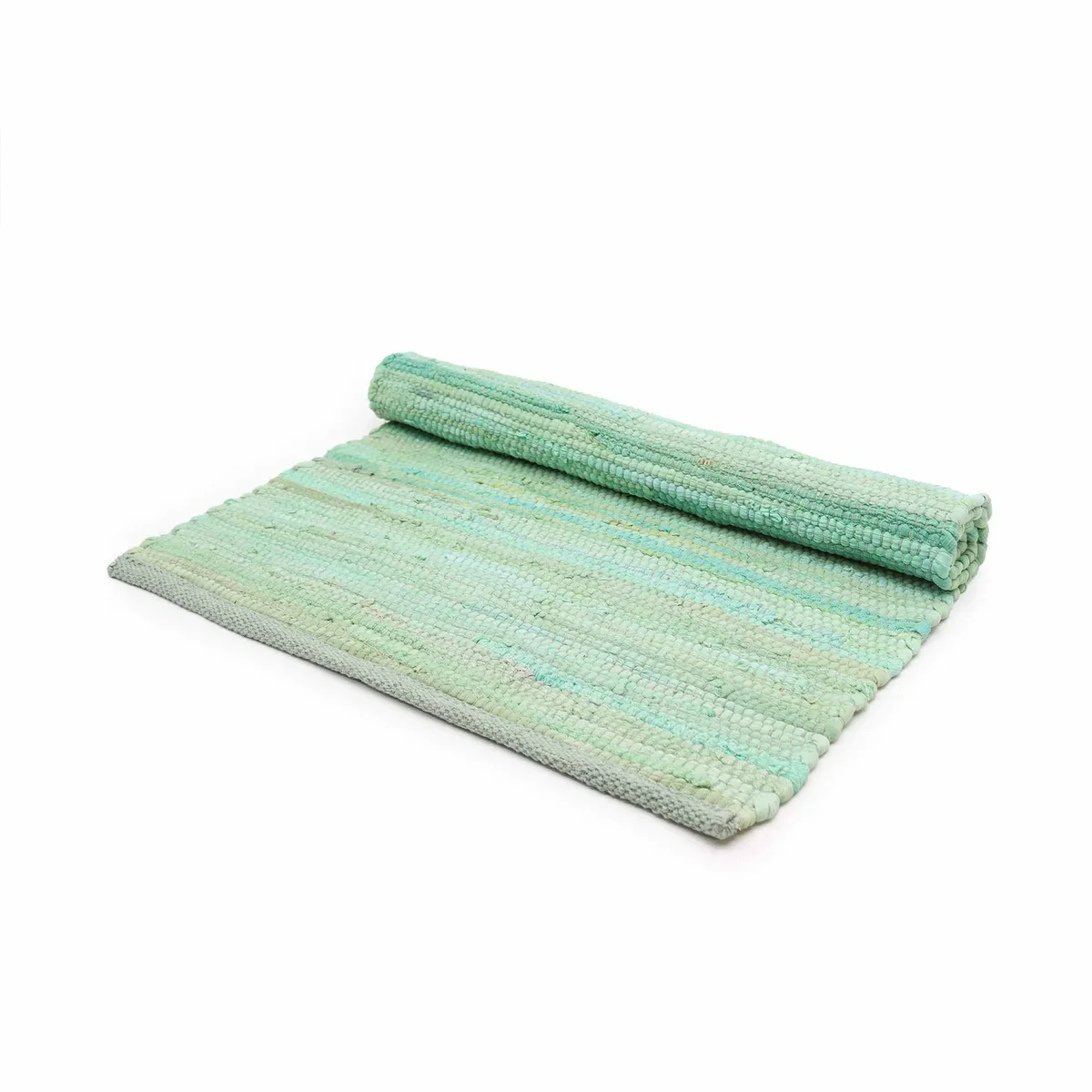 Small aqua Indian handloom rug made from cotton with traditional weaving patterns, ideal for home decor.