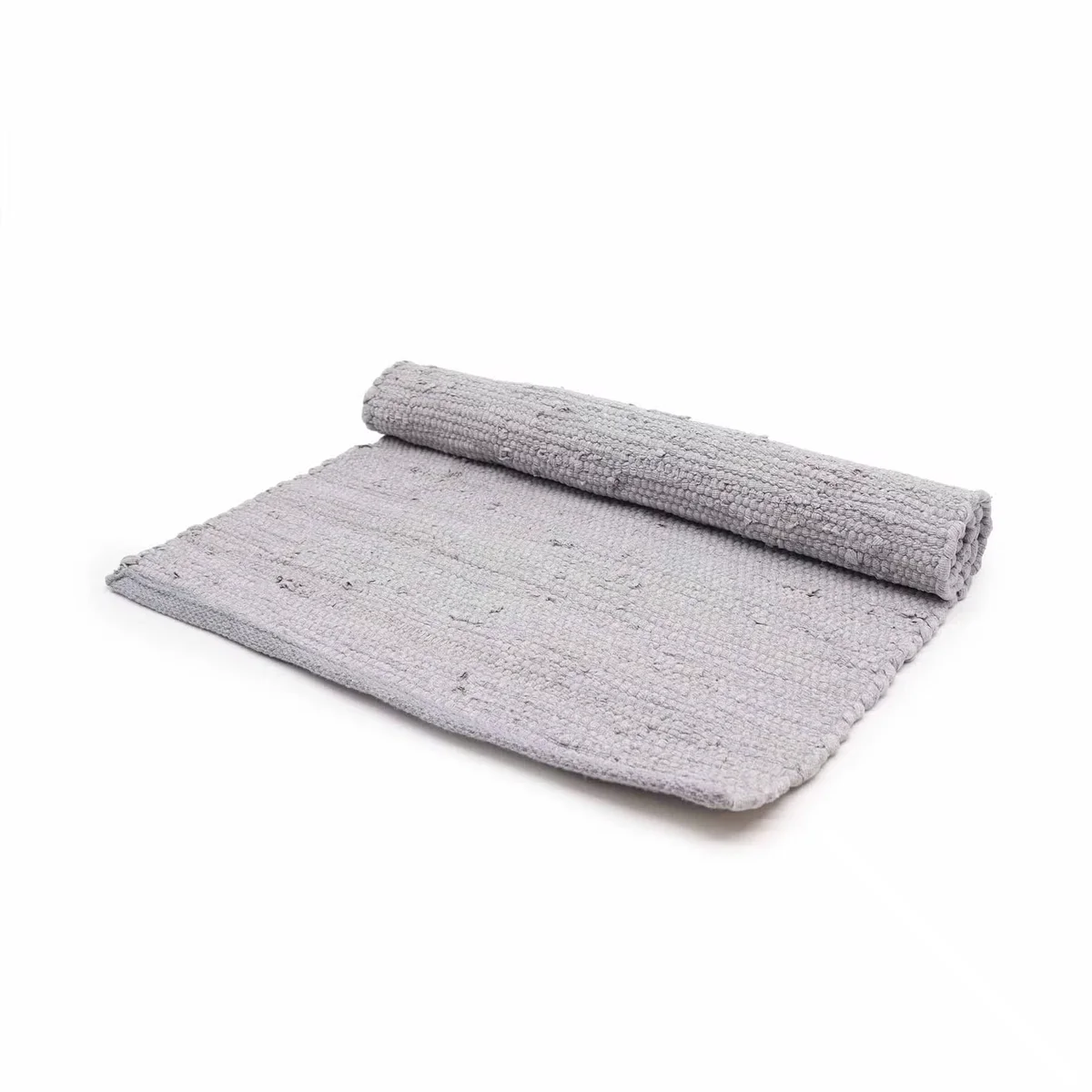 Grey handwoven small rug made from Indian handloom cotton, displayed flat showing texture and pattern details