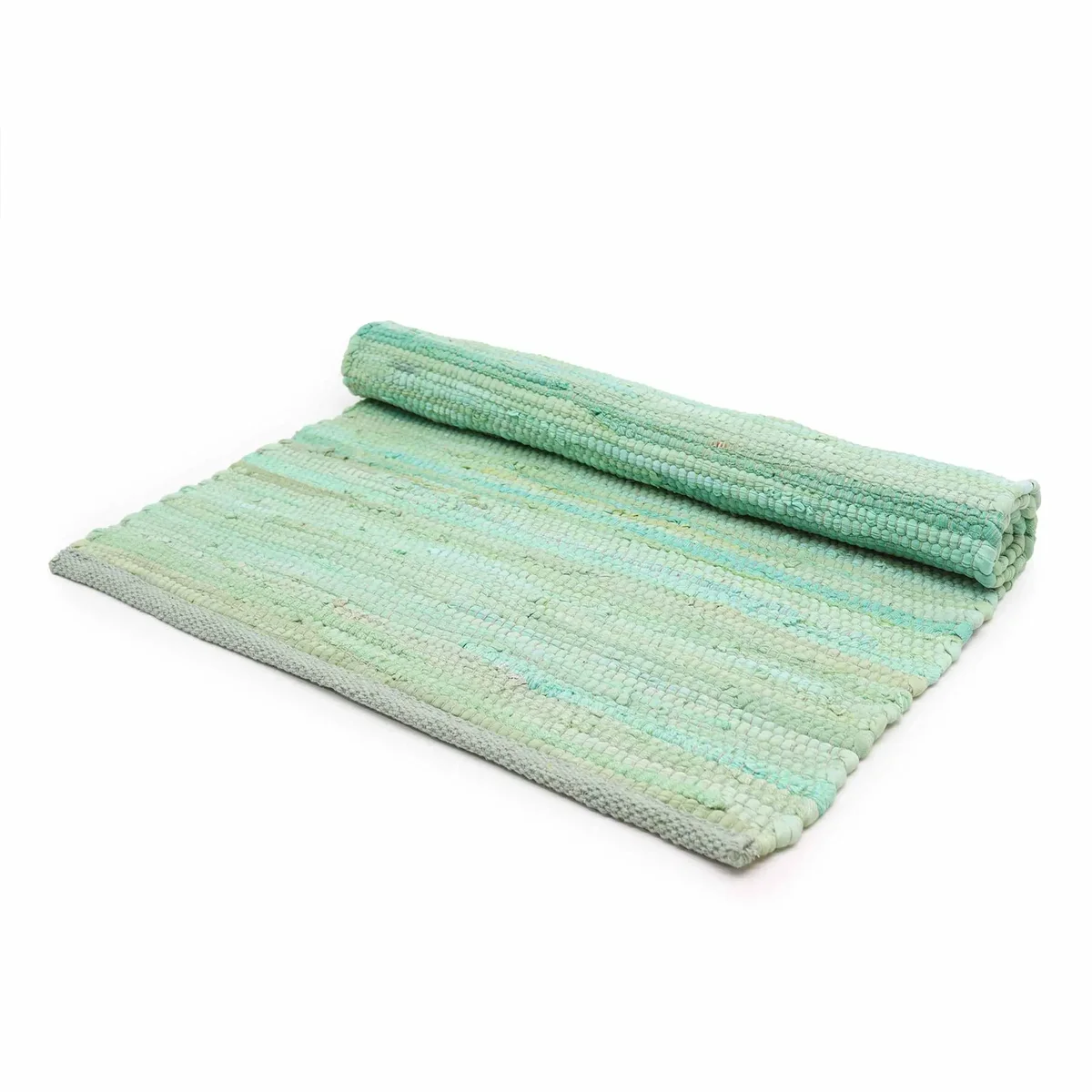 Medium cotton rug in aqua colour with handloom weave pattern.