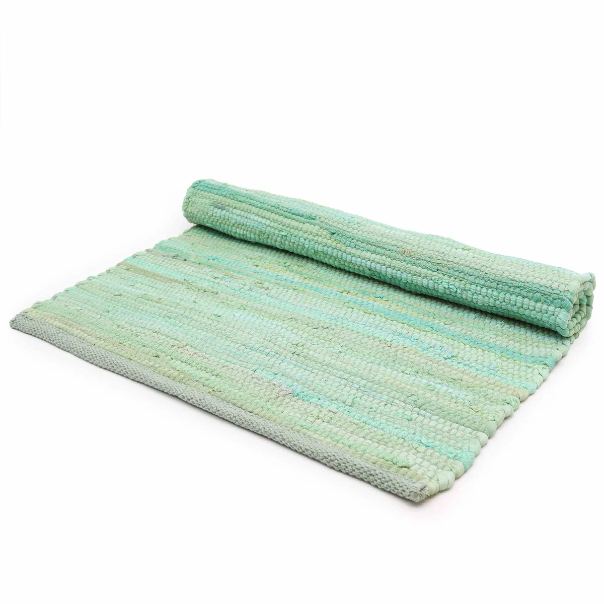 Large aqua cotton rug with handloom textures and traditional Indian patterns.