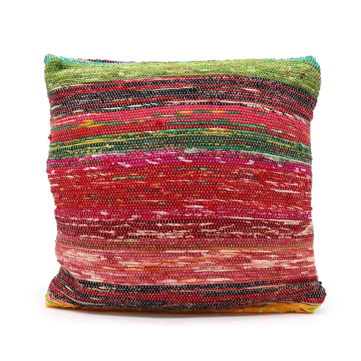 Multicoloured rag rug cushion covers arranged on plain background