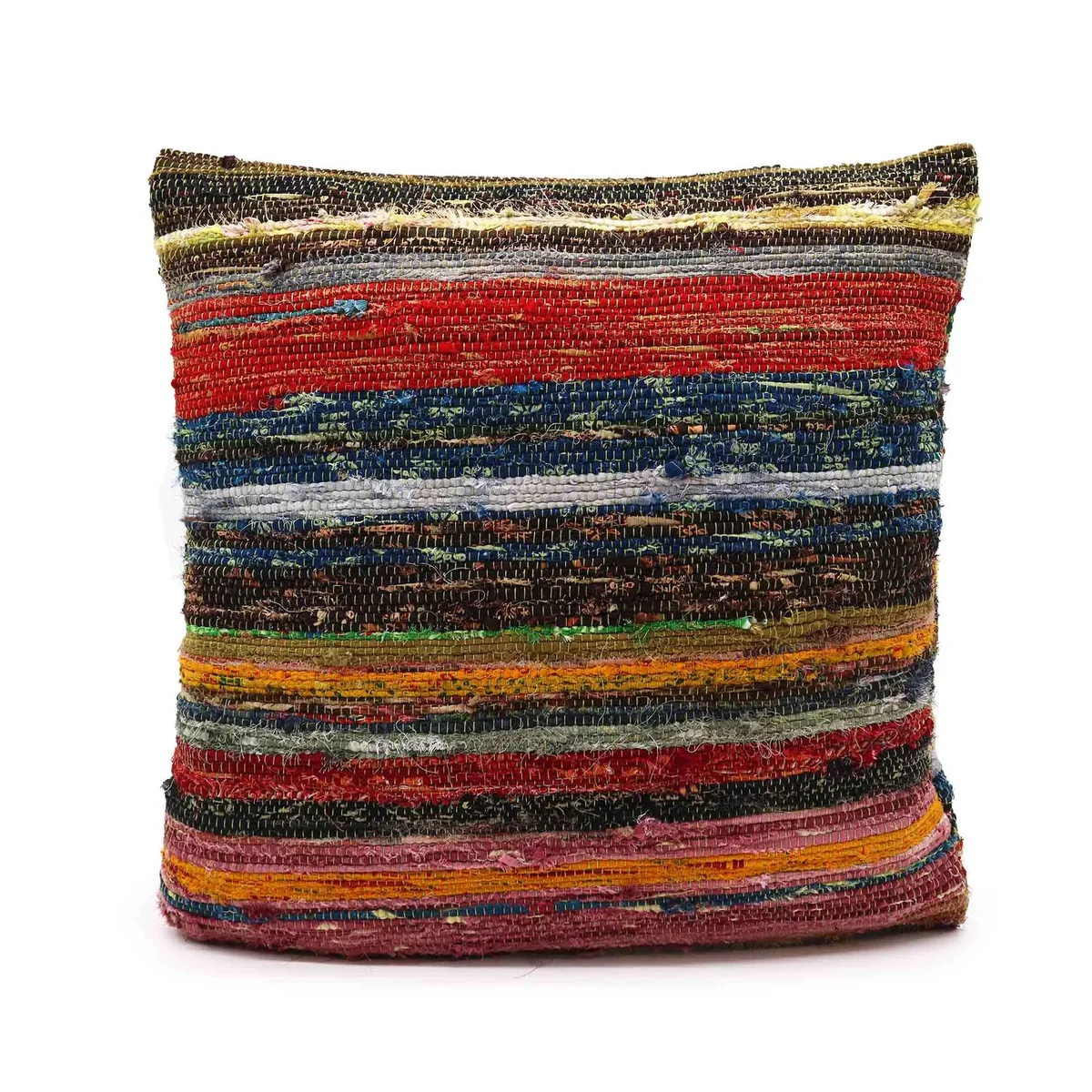 Rag rug cushion covers in natural green, displayed on a plain backdrop.