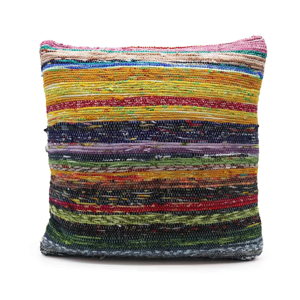 Handmade rag rug cushions in sunrise orange fabric, showing a soft, cushioned blanket with uneven edges.