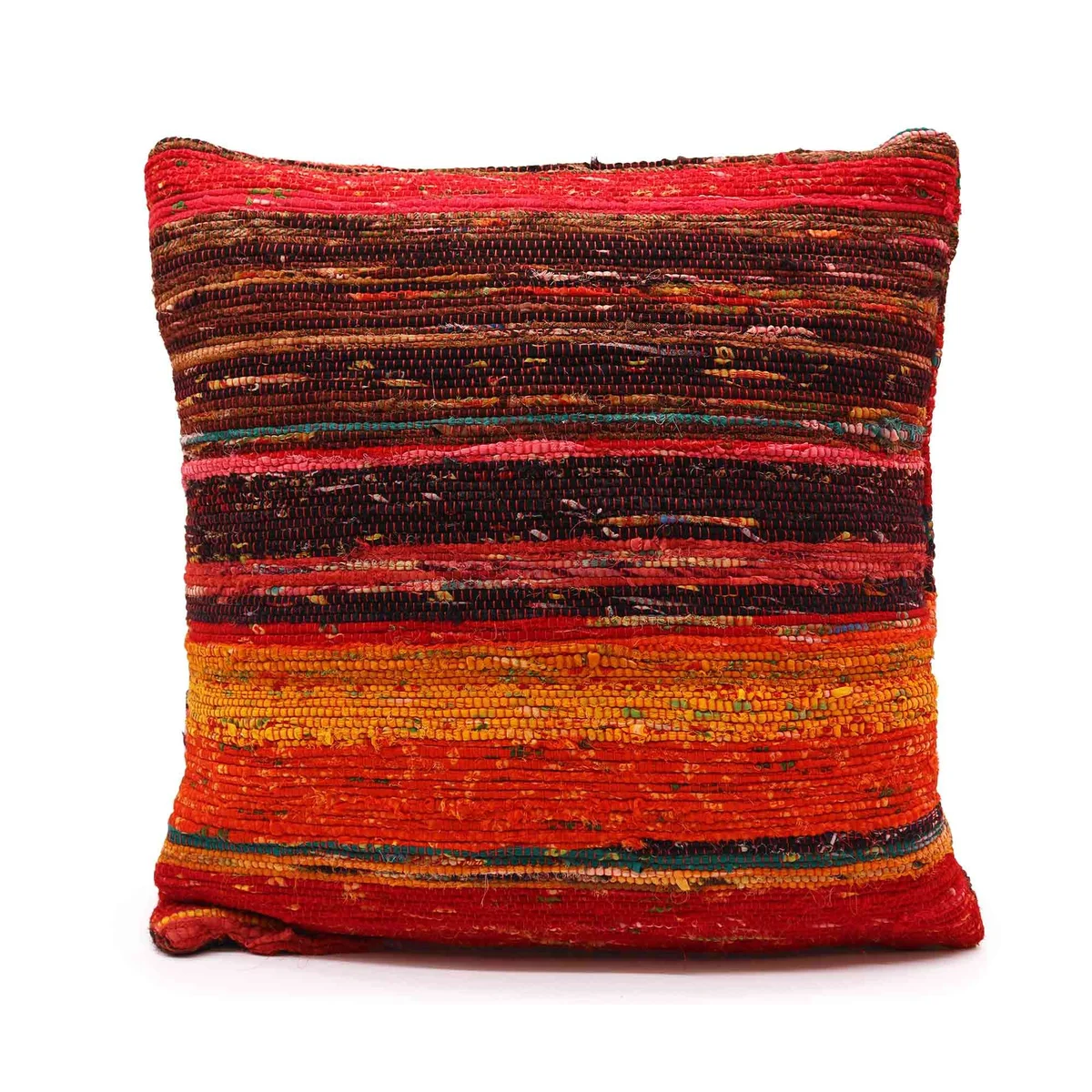 Rag rug cushion covers in rich reds, positioned on a neutral cushion.