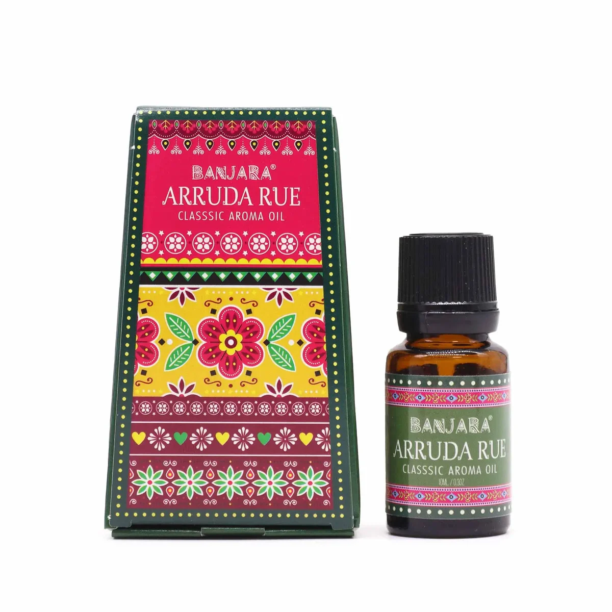 Small 10ml bottle of Banjara fragrance oil by Arruda Rue with label on plain white background