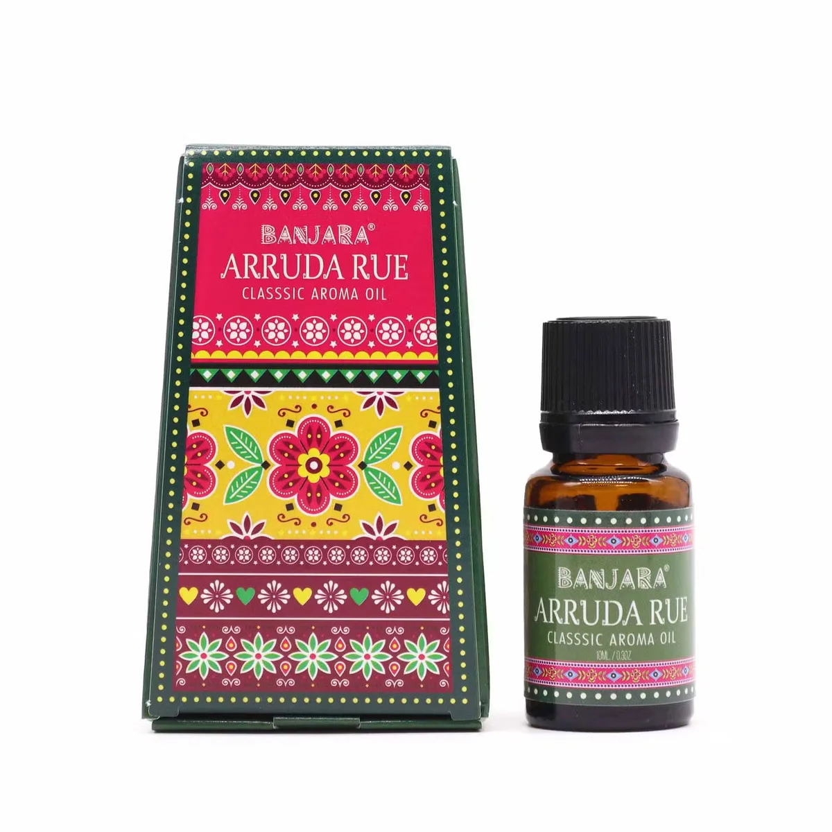 Small 10ml fragrance oil bottle labeled Banjara Indian Fragrance Oil by Arruda Rue on a white background