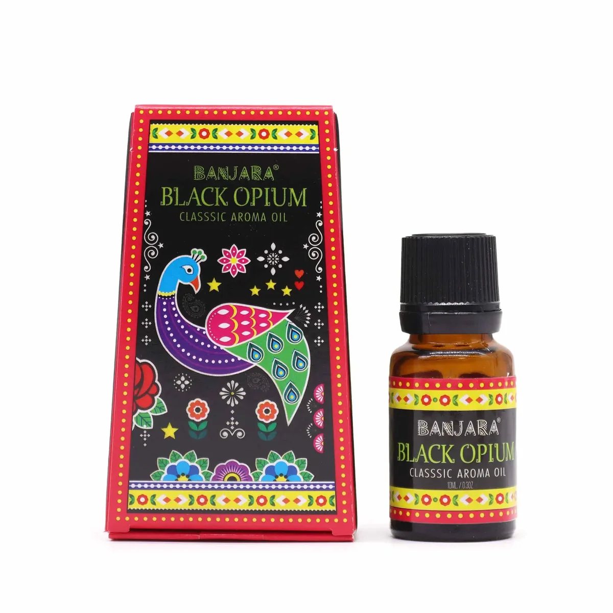 Small 10ml bottle of Banjara fragrance oil Black Opium with black and gold label on white background