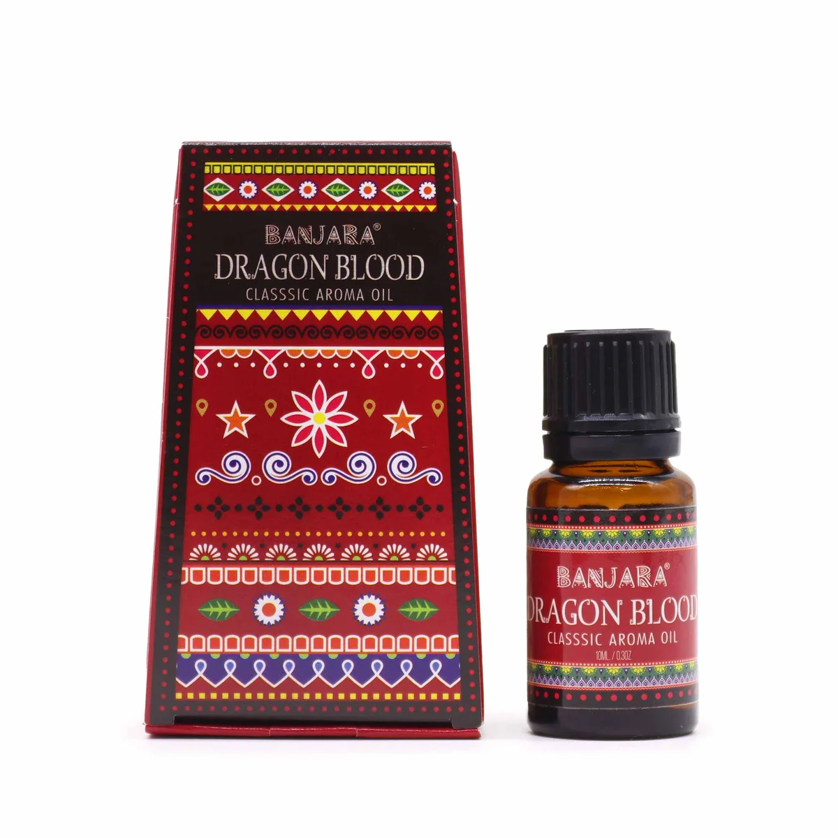 Banjara Indian Dragon's Blood 10ml fragrance oil bottle with red and gold label on white background
