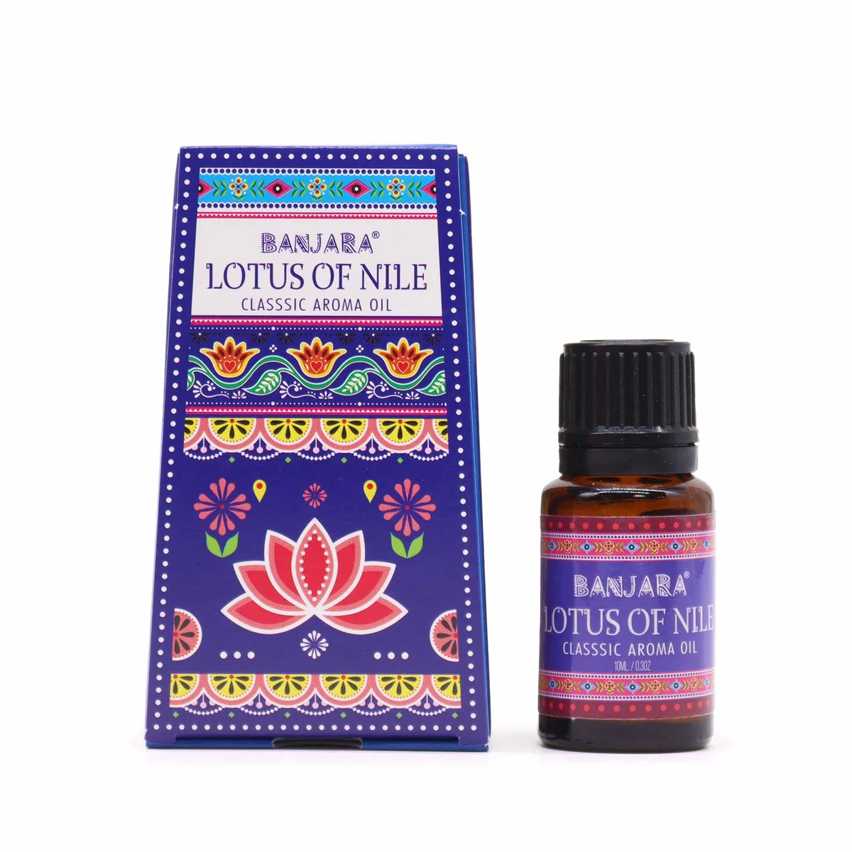 Small 10ml bottle of Banjara Indian Lotus of the Nile oil with label and cap on white background