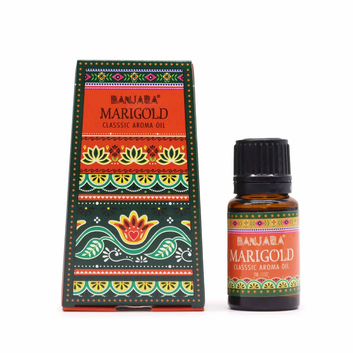 Small 10ml fragrance oil bottle labeled Banjara Indian Marigold with yellow flower accents on white background