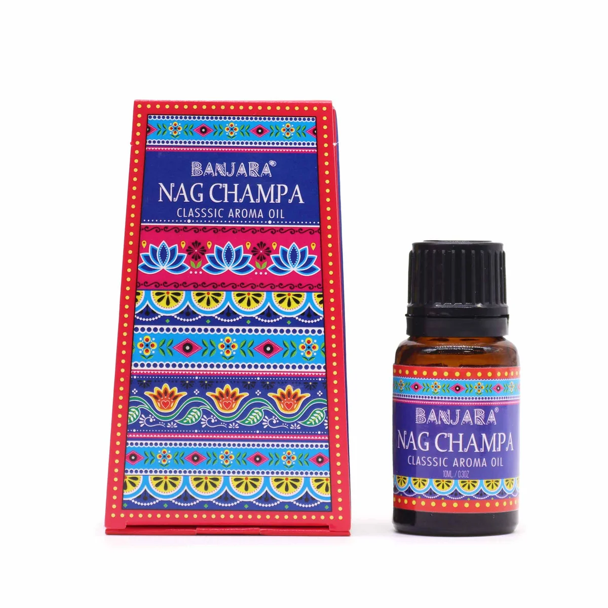Small 10ml bottle of Banjara fragrance oil in Nag Champa scent with label and cap visible on white background
