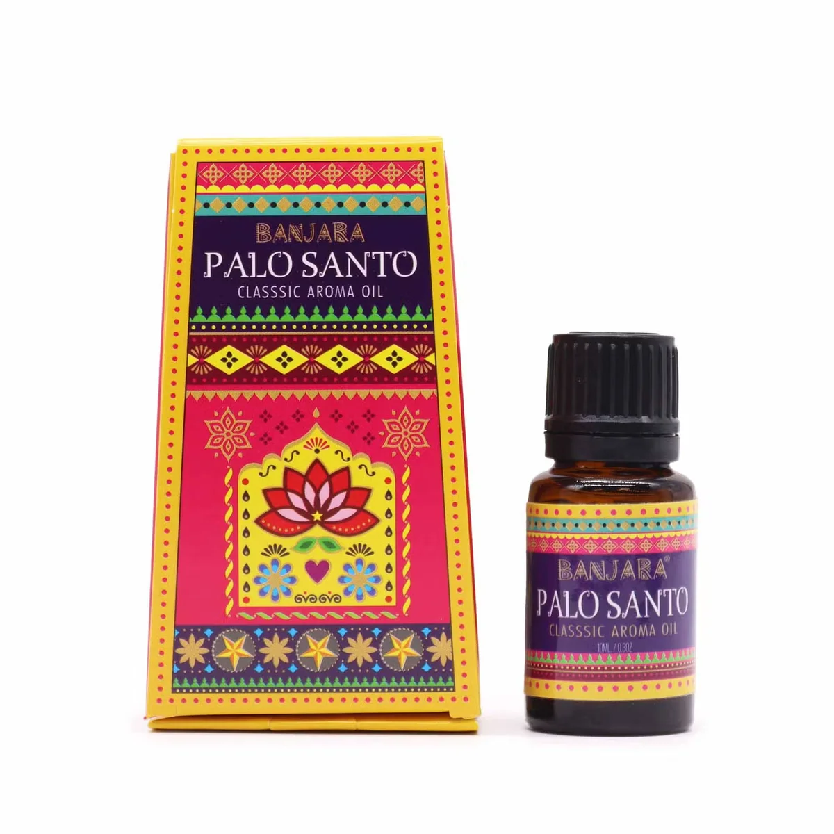 Small 10ml bottle of Banjara fragrance oil Palo Santo with a wooden cap on a white background