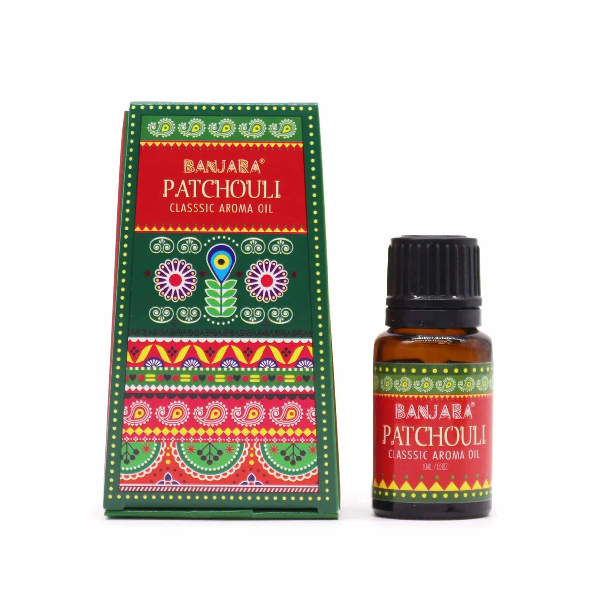 Small 10ml bottle of Banjara Indian fragrance oil in Patchouli scent with label and dark cap against white background