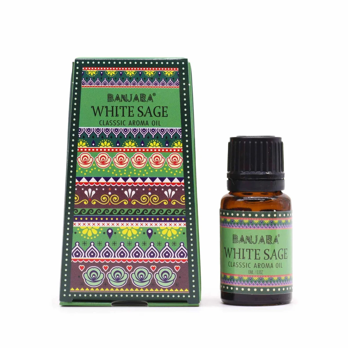 Small 10ml bottle of Banjara Indian fragrance oil with white sage scent on plain background