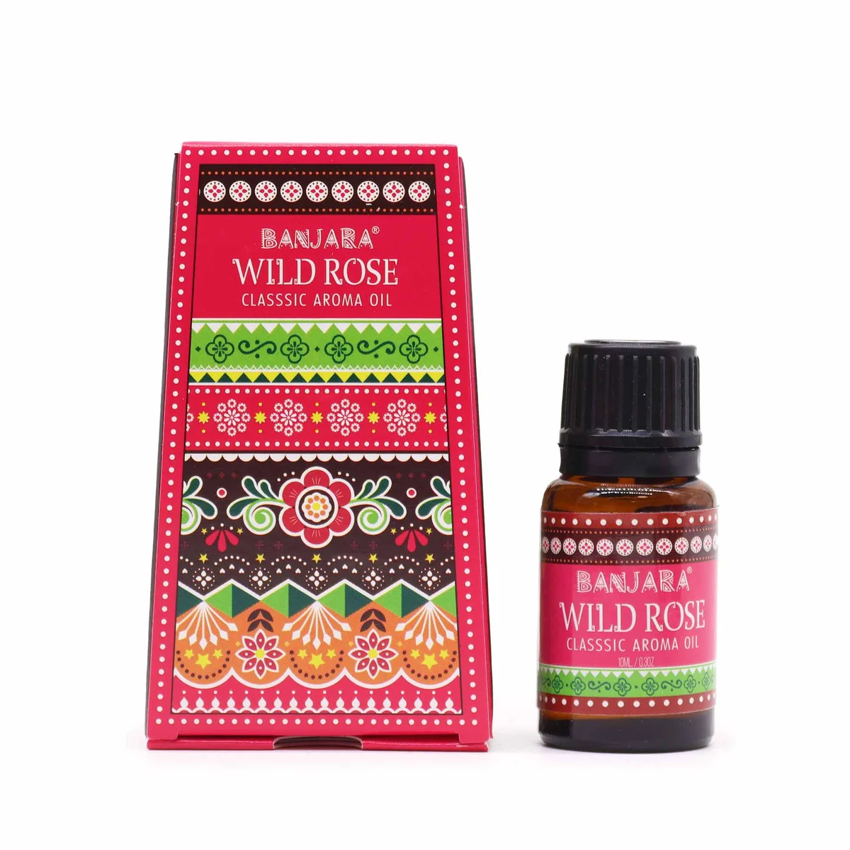 Small 10ml fragrance oil bottle labeled Banjara Wild Rose with floral design on white background