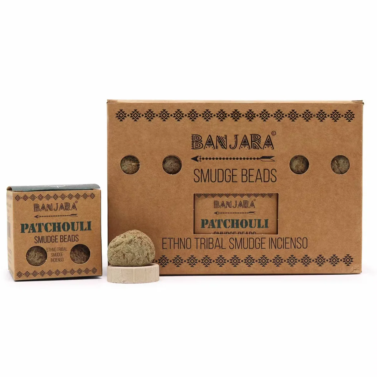 Close-up of Banjara Patchouli smudge beads used for aromatherapy beads in natural tones