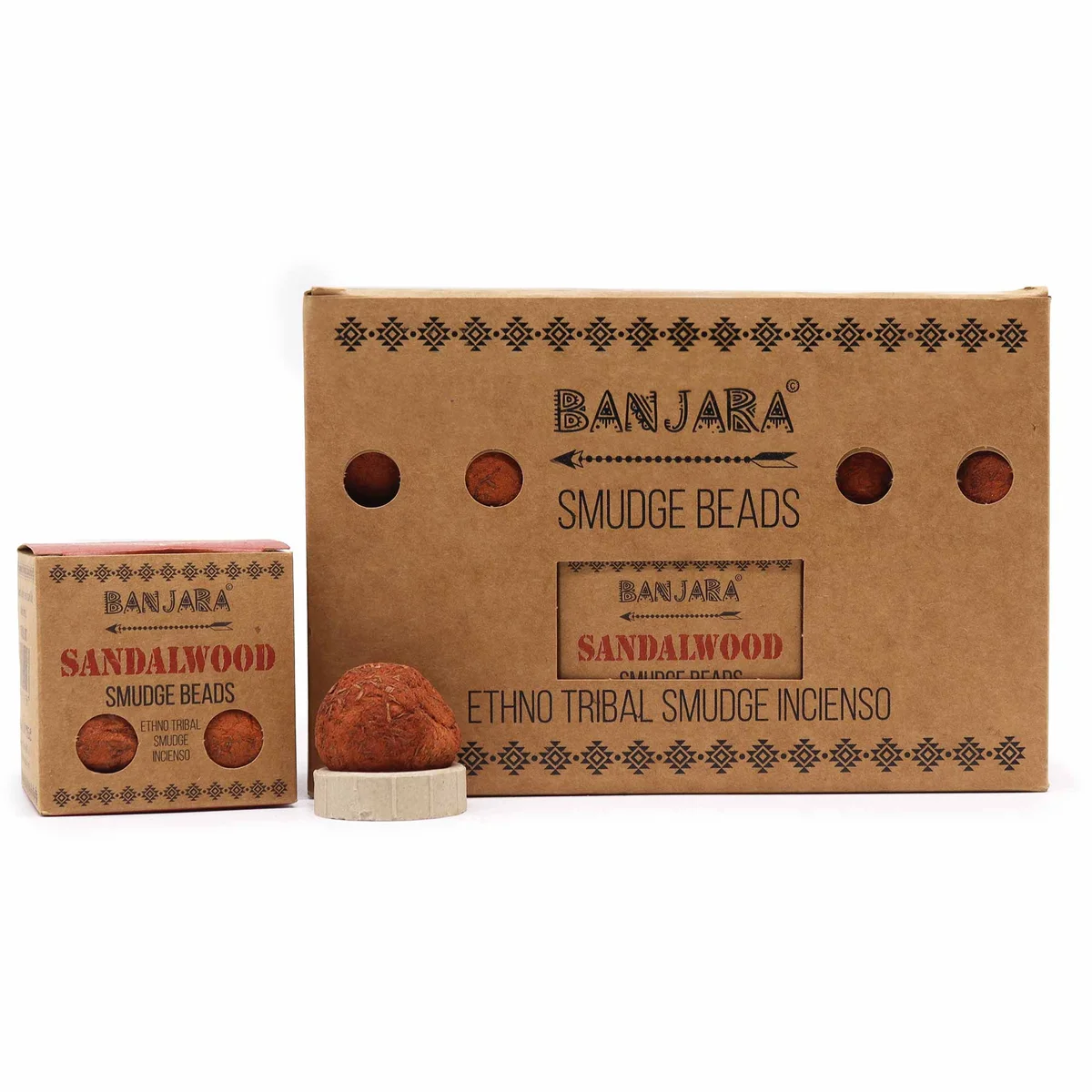 Close-up of Banjara sandalwood beads necklace with smooth round beads on a neutral background