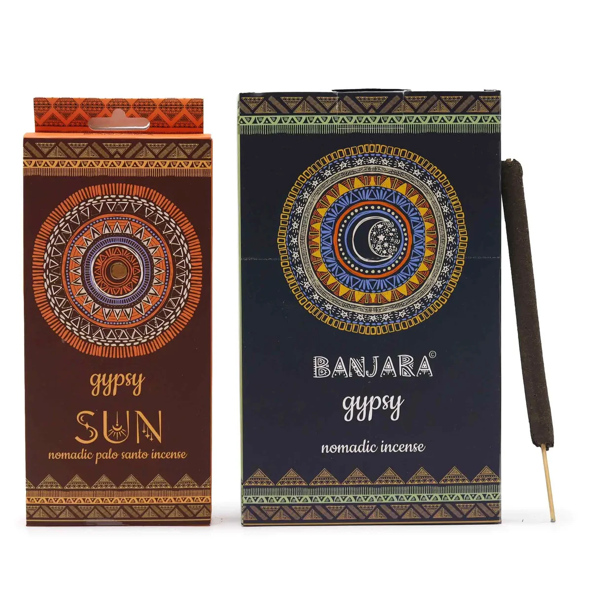 Pack of Gypsy Nomadic Sun incense sticks with bright yellow and orange packaging on a white background