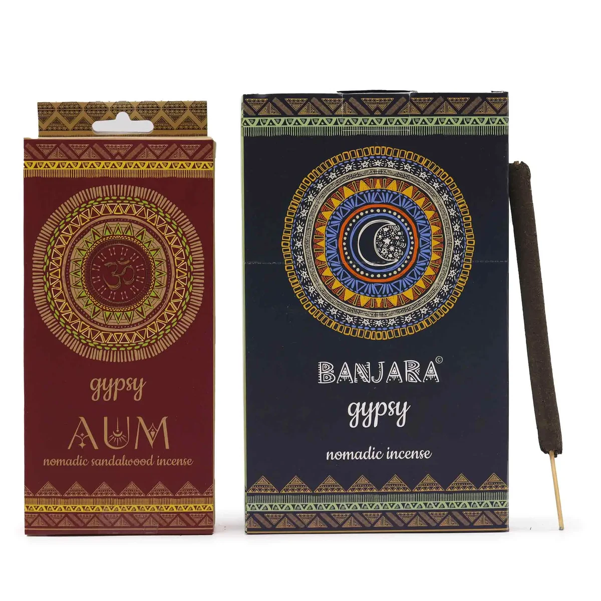 Gypsy Nomadic incense sticks labeled AUM with decorative packaging on a white background