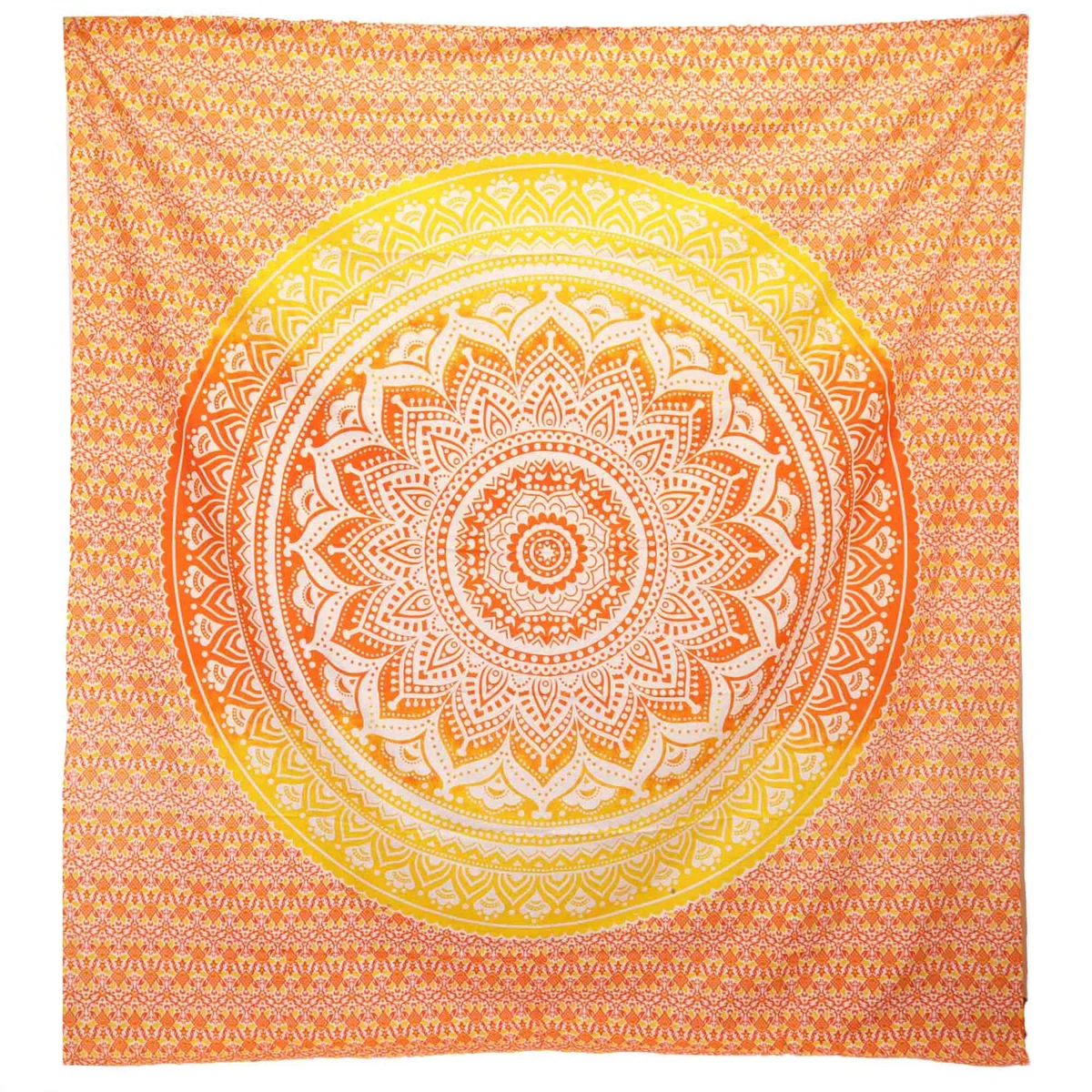 Orange Umrao Mandala wall decor on a beach spread.