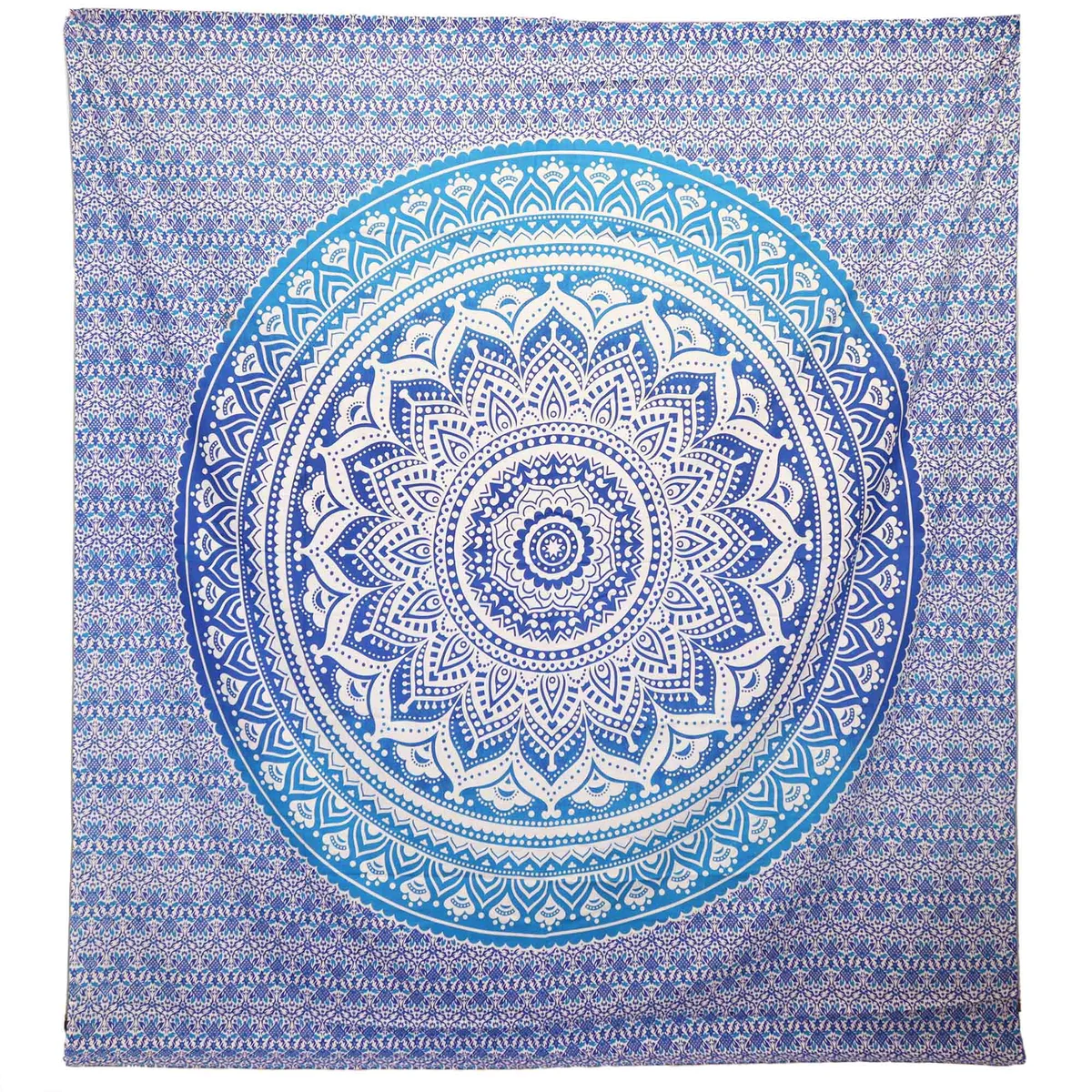 Blue wall tapestry featuring Umrao Mandala design, presented as a wall hanging/ beach spread