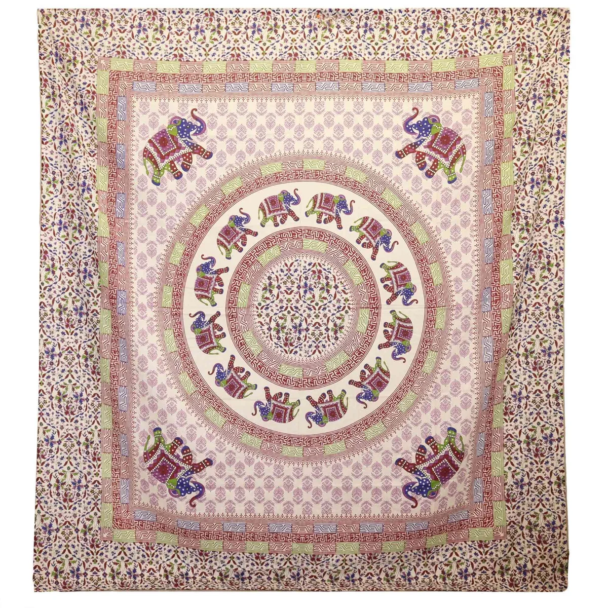 Elephant mandala wall hanging featuring purple and blue designs on a cream background.