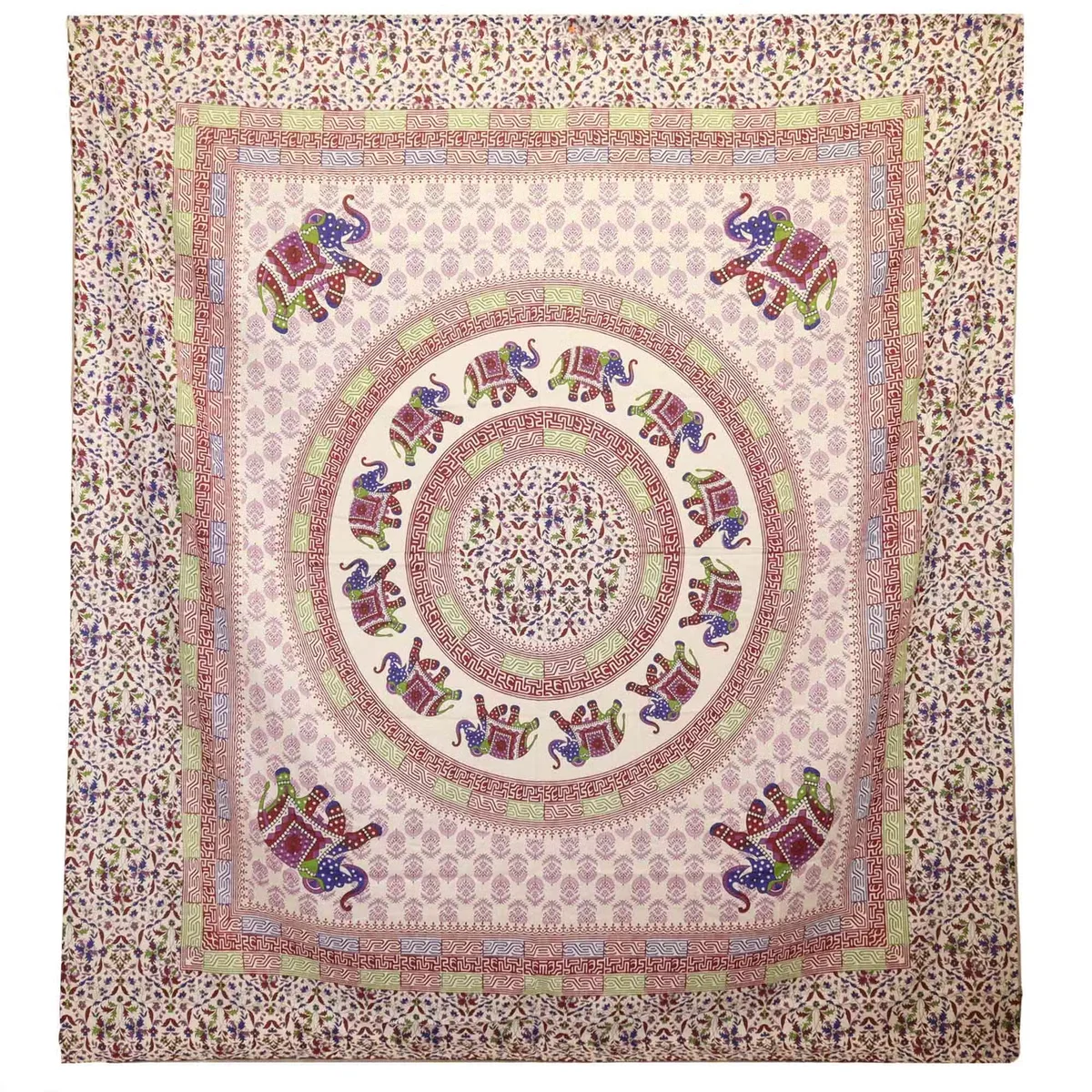 Purple and blue mandala elephant tapestry on cream background, wall hanging.