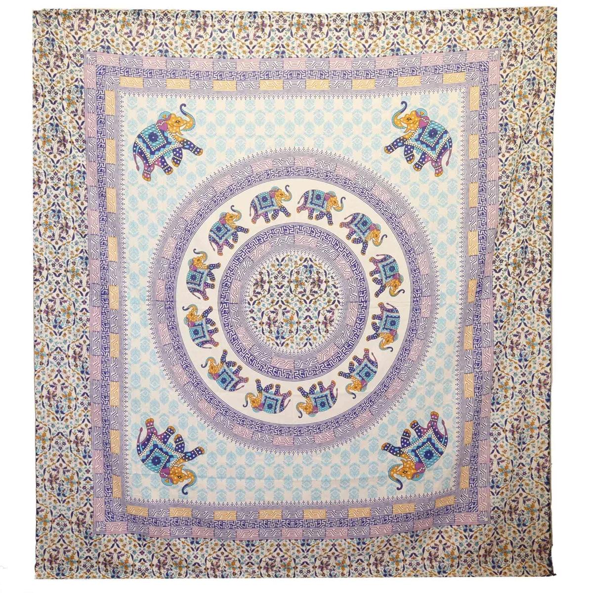 Elephant mandala wall hanging featuring turquoise and blue tones on cream background