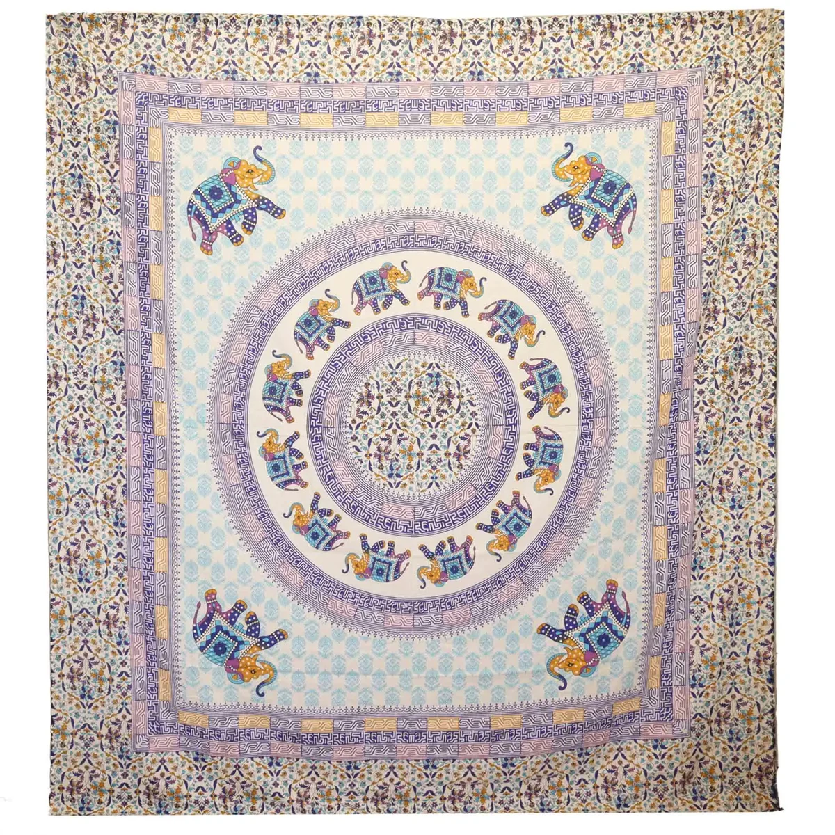 Turquoise blue wall art featuring an elephant mandala on cream background, hanging as a decorative spread.