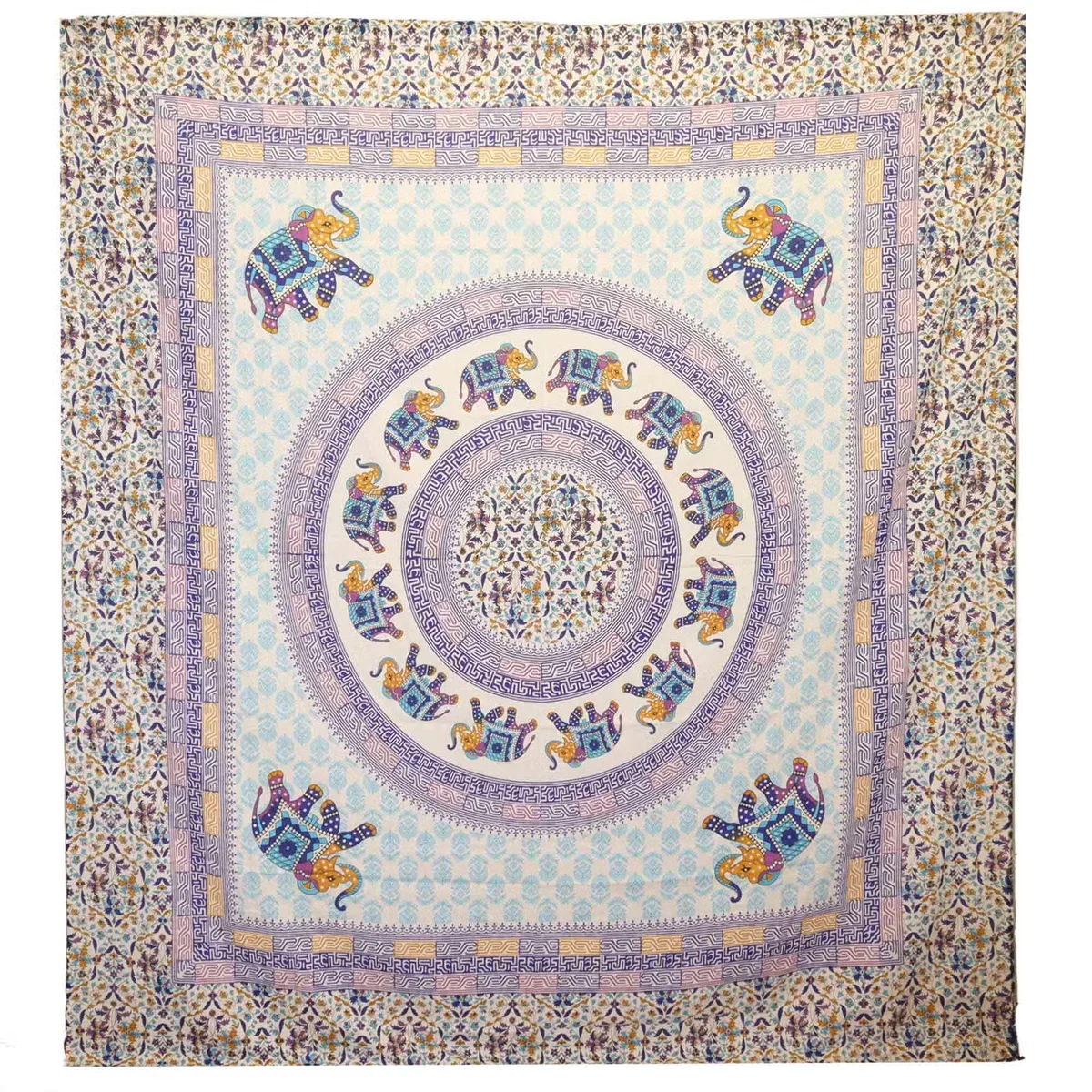Elephant wall decor spread with turquoise/blue mandala on cream background.